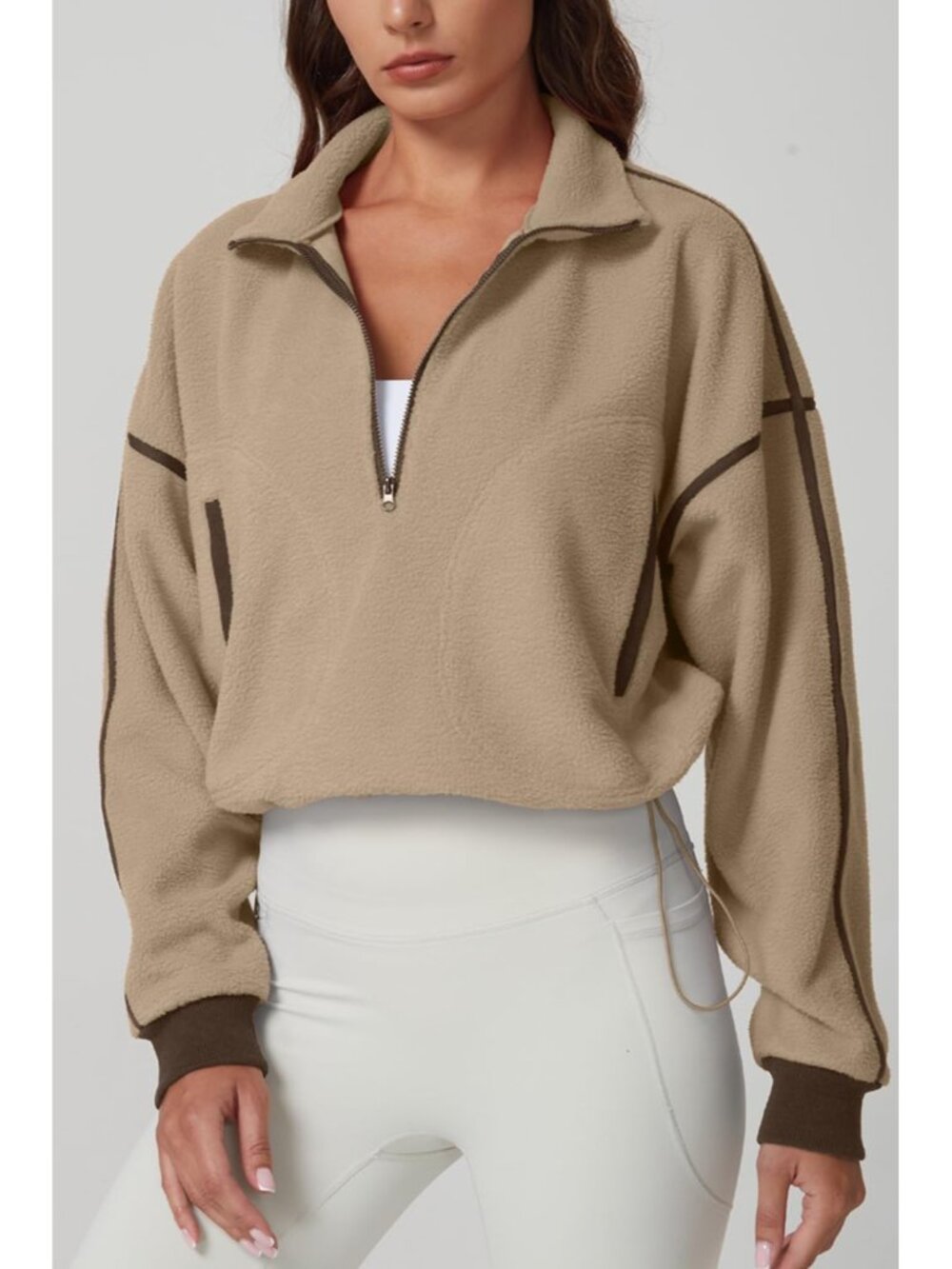Women’s Khaki Long Sleeve Half ZIP Pullover Cropped Sweatshirt Fleece Jacket - Picture 3 of 6